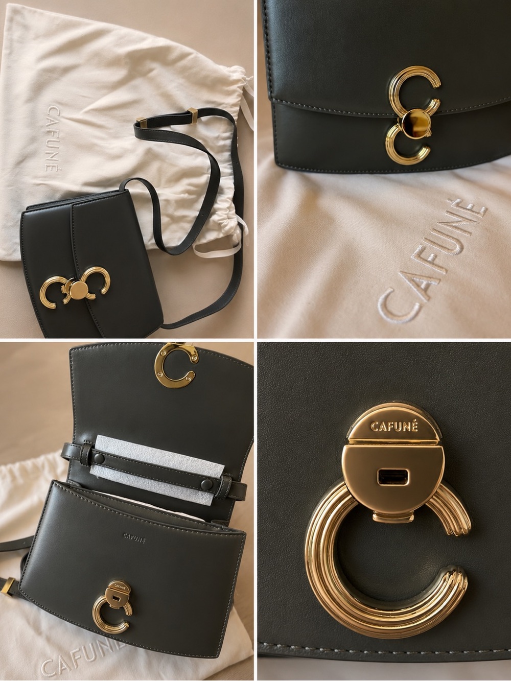CAFUNÉ Hunter Green Leather Crossbody Bag with Gold Accent Hardware